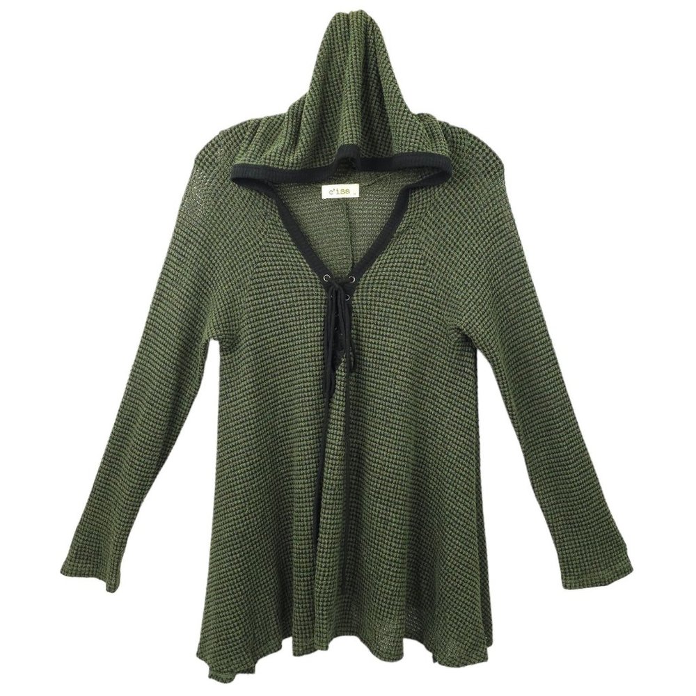 C'isa Hooded Pullover Sweater Womens Size M Green Side Slit Top Long Sleeve - Picture 1 of 15